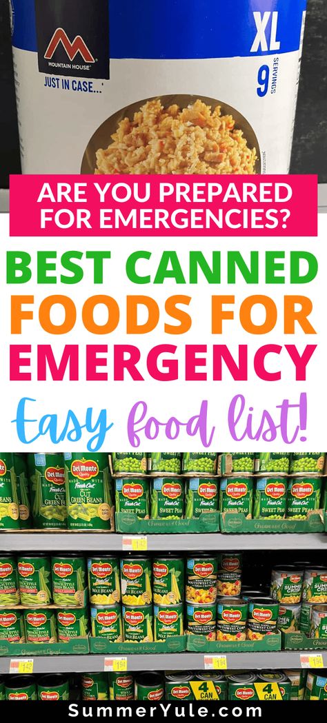 What's the best canned food for emergencies? Learn about the best canned foods for survival and get a canned emergency food list. Whether you’re prepping for a natural disaster or another emergency, having a stockpile of cheap foods with a long shelf life will help. If you don’t know the importance of canned foods in the emergency kit, you will after reading this! Canned Foods For Emergency, Emergency Food List, Non Perishable Foods List, Emergency Food Supply List, Food For Emergencies, Canned Food Recipes, Food Supply List, Survival Food List, Emergency Meals