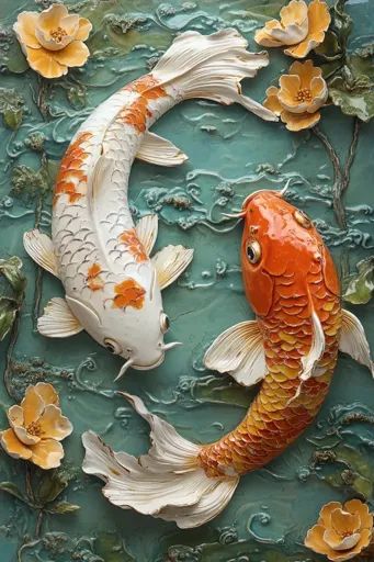 ↑↑↑ Larger size on website 🔸 The image depicts a ceramic tile featuring two koi fish in a swirling, embossed pattern. The fish ar Koi Fish Clay Sculpture, Koi Fish Ceramics, Koi Fish Pottery, Koi Sculpture, Clay Fish Sculpture, Clay Koi Fish, Yin And Yang Fish, Koi Fish Sculpture, Stylized Water