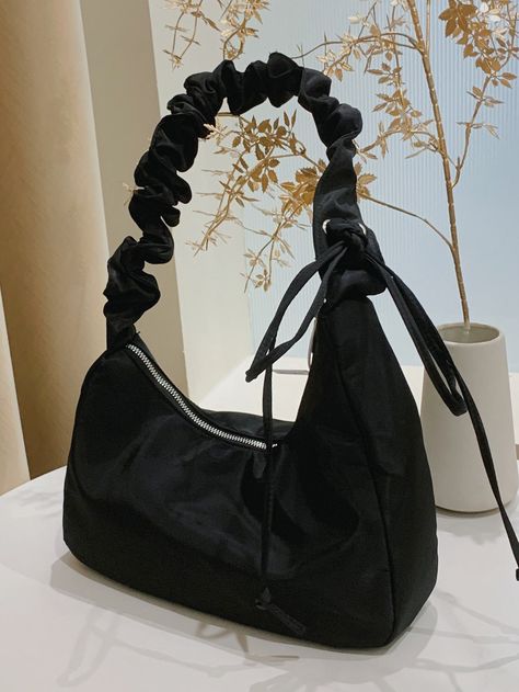 Black Fashionable Collar  Nylon Plain Baguette Bag Embellished   Women Bags Diy Baguette Bag, Y2k Bags, Bow Decor, Diy Sewing Clothes, Baguette Bag, Sewing Lessons, Cute Bags, Girls Bags, Sewing Bag