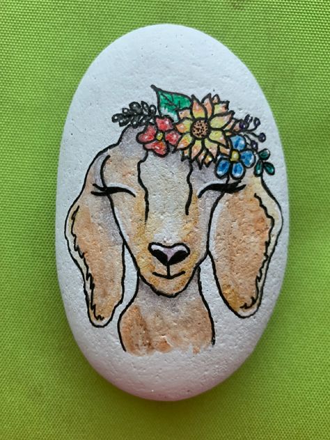 Goat Rock Painting, Goat Painted Rocks, Goat Paintings Easy, Cute Goat Painting, Croc Painting Ideas, Croc Painting, Goat With Flowers, Birthday Cards Watercolor, Goat Watercolor