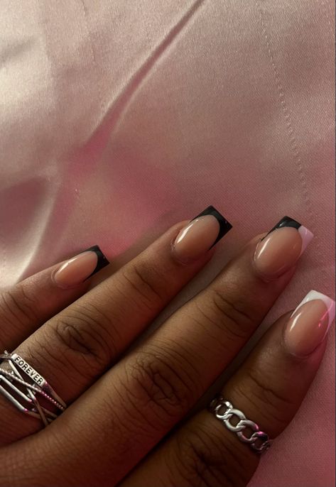 Purple French Square Nails, Black French Tips On Black Women, Short Nail Set Ideas Simple, Short Gel Black French Tip, Short French Tips Black Women, Shorties Nails Black French Tip, Extra Short Black French Tip Nails, Black French Tip Nails Short, Short Black Acrylic Nails