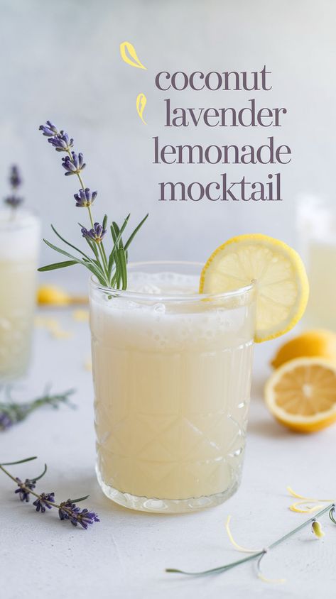 "Discover the perfect summer refreshment with this Coconut Lavender Lemonade Mocktail Recipe! This delightful non-alcoholic beverage combines the tropical flavors of coconut with the soothing essence of lavender, creating a refreshing mocktail that's ideal for hot days. Enjoy this easy-to-make lemonade recipe as a standout among summer drinks. Perfect for gatherings or a relaxing afternoon, this lavender-infused drink is a must-try for anyone seeking refreshing mocktails.!" Spring Drink Recipes Nonalcoholic, Pitcher Recipes Non Alcoholic, Lavender Lemonade Mocktail Recipe, Wedding Shower Drinks Non Alcoholic, Non Alcoholic Lemonade Drinks, Large Batch Non Alcoholic Drinks, Fancy Juice Recipes, Bridal Shower Drink Ideas Non Alcoholic, Lavender Mixed Drinks