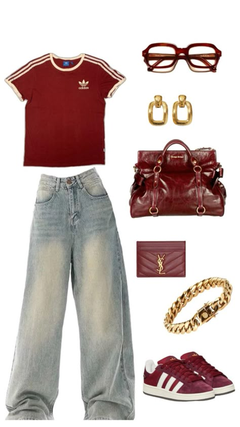 adidas tshirt dark red miu miu bag ysl wallet adidas campus gold jewellery Adidas Tshirt Outfit, Red Tshirt Outfit, Looks Adidas, Ysl Wallet, Street Style Outfits Casual, Campus Outfit, Bag Ysl, Adidas Tshirt, Miu Miu Bag