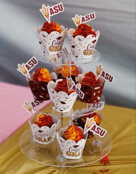 asu cupcakes, arizona state university cupcakes, maroon and gold cupcakes Arizona State Grad Party, Asu Graduation, Graduation Party Cake, Gold Cupcakes, Arizona State University, Arizona State, Party Cake, Grad Parties, Grad Party