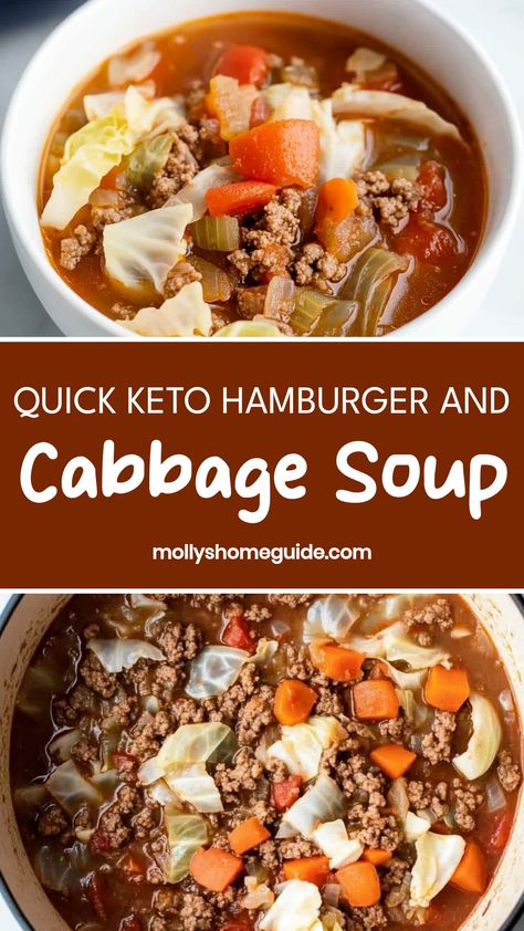 Indulge in a hearty bowl of keto hamburger and cabbage soup that's perfect for chilly days. This low-carb, high-fat dish is not only delicious but also incredibly wholesome. Packed with protein and fiber, this soup will keep you feeling full and satisfied without compromising your diet goals. The combination of savory hamburger, crunchy cabbage, and flavorful herbs makes this soup a comforting meal option that the whole family will enjoy. Whip up a batch today and savor the warm flavors of homem Hamburger And Cabbage, Cabbage Hamburger Soup, Protein Soup Recipes, Keto Hamburger, Bone Broth Soup, Soup With Ground Beef, Cabbage Soup Recipes, Hamburger Soup, Meat Alternatives