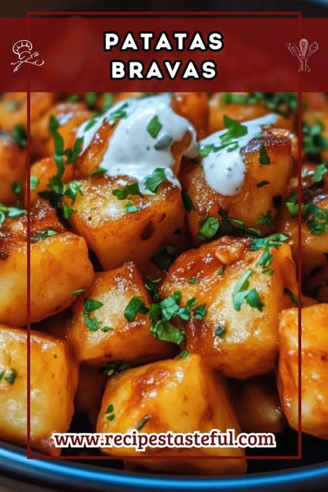 Patatas Bravas is a beloved Spanish dish featuring crispy fried potatoes tossed in a spicy bravas sauce and drizzled with creamy garlic aioli. Perfect for sharing as a tapas-style appetizer or as a delicious side dish, this recipe is sure to impress family and friends! Potato Bravas, Bravas Sauce, Spanish Side Dishes, Crispy Fried Potatoes, Xmas Brunch, Food From Spain, Spanish Potatoes, Spanish Tapas Recipes, Spanish Appetizers