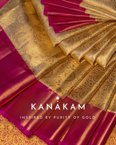 Gold Kanchipuram Bridal Saree, Golden Kanjeevaram Saree, Gold Pattu Saree, Golden Silk Saree, Saree Wedding Bridal, Gold Zari Saree, Pattu Sarees Wedding, Silk Kanjivaram Saree, Gold Silk Saree