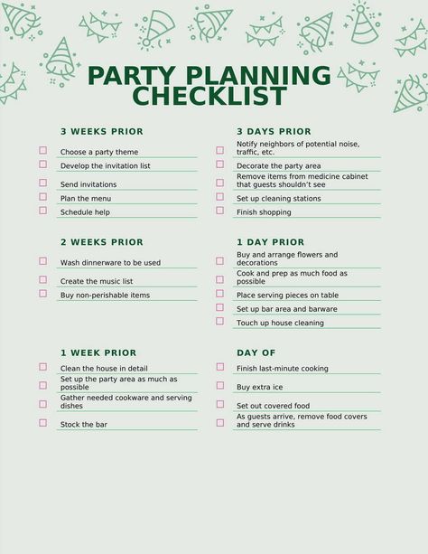 Party planning checklist Template In Word Download in Word All Templates Gallery The post Party planning checklist Template In Word (.Docx File Download) appeared first on TechGuruPlus.com. Party Necessities List, Party List Checklist, Engagement Party Planning Checklist, Holiday Party Checklist, Party Essentials List, Party Planning Checklist Organizing, Dinner Party Checklist, Christmas Party Checklist, Party Planning Checklist Printable