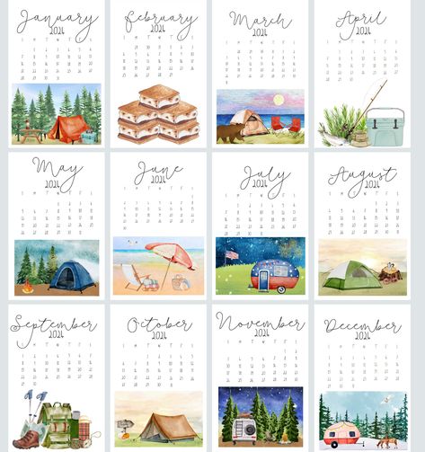 Homemade Calendar, Monthly Desk Calendar, Calendar Themes, Mini Desk Calendar, World Map Wall Decor, August Calendar, 달력 디자인, Graphic Wall Art, Camping Nature