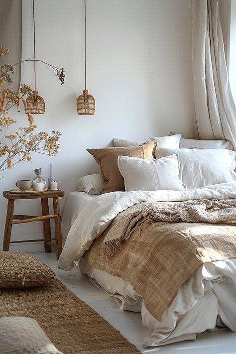 29 Scandi Boho Bedroom Ideas to Elevate Your Bedroom Aesthetic - My Elegant Home Bohemian Scandinavian Bedroom, Small Scandi Bedroom, Scandi Boho Bedroom, Cream Boho Bedroom, Scandinavian Bedroom Nordic, Nordic Bedroom Ideas, Nordic Style Interior Design, Scandinavian Bedroom Ideas, Beautiful Bedroom Inspiration