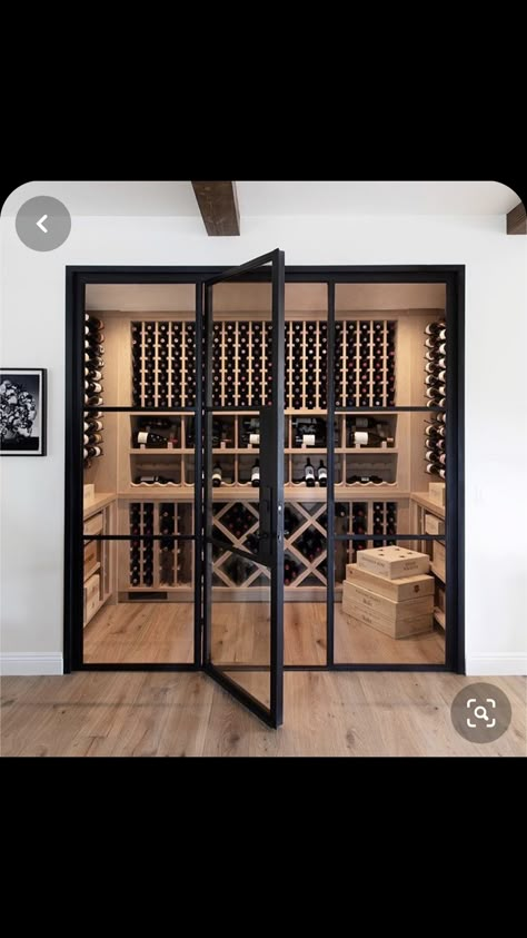 Glass Wine Room Modern, Walk In Wine Closet, Wine Cellar Glass Doors, Wine Cellar Doors Ideas, Wine Doors, Glass Wine Room, Unique Wine Cellar, Modern Wine Room, Wine Cellar Modern