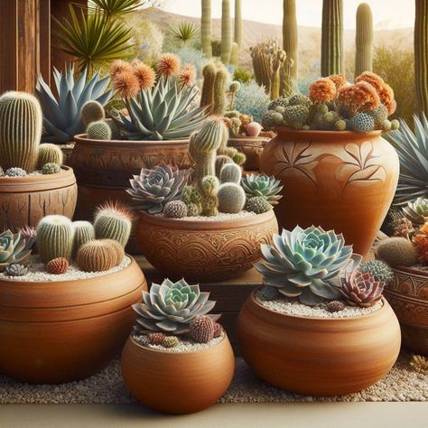 23 Stunning Container Garden Planting Ideas To Transform Your Space - My Besuited Home Cactus Garden In Pots, Cactus Potting Ideas, Cactus Container Garden Ideas, Potted Cactus Garden, Garden Planting Ideas, Arizona Decor, Mediterranean Mansion, Vertical Planter, Manhole Cover