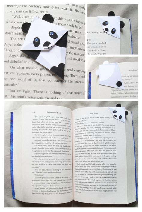 Marca páginas de esquina, panda   -   Panda corner bookmark Penanda Buku, Tutorial Origami, Origami Bookmark, Folding Origami, Corner Bookmarks, Diy Bookmarks, Book Markers, Diy Origami, Origami Tutorial