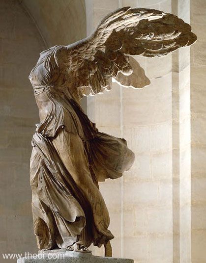 Greek Goddess of Victory, Nike by Mahealani Palepale. Wing Victory of Samothrace, also identified as the Goddess of Victory, Nike, was discovered by Charles Champoiseau in 1863 on a small island of Samothrace. This immaculate sculpture stands at 3.28m (11 feet) and is erected of Parian marble for the figurine and Gray Lartos marble for the base in which she stands on the bow of a vessel. Nike Of Samothrace, Winged Victory Of Samothrace, Winged Victory, Istoria Artei, Angel Statue, Roman Sculpture, Greek Sculpture, Louvre Museum, Marble Sculpture