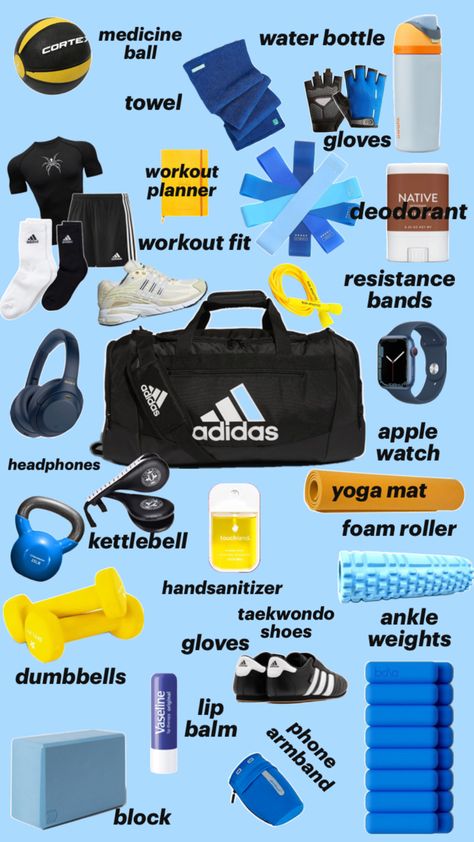 #blueandyellow #taekwondo #gym #essentials Taekwondo Bag Essentials, Mens Essentials Accessories, Football Workouts Training, Training Montage, Sports Snacks, Boxer Aesthetic, Gym Vibes, Taekwondo Girl, Native Deodorant