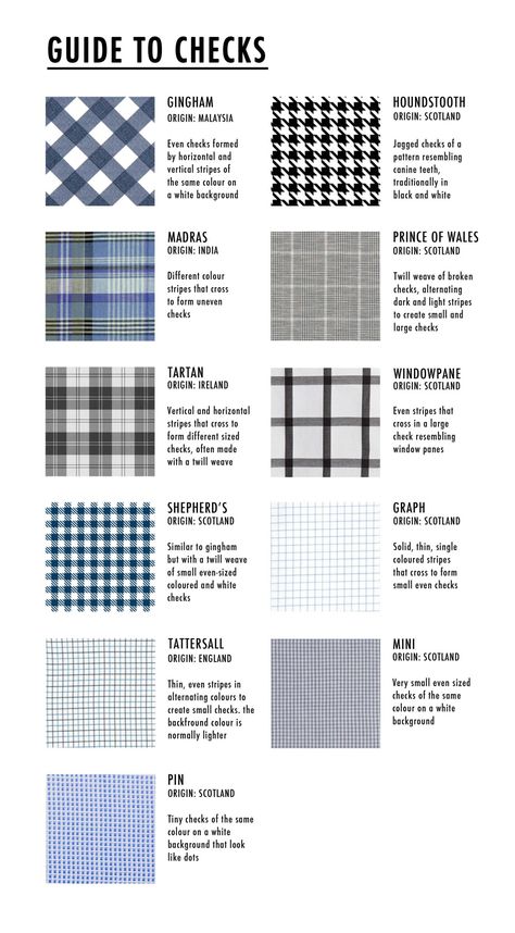 A guide I made to show the different types of checks let me know if you want more like this Pattern Design Fashion, Textile Pattern Design Fashion, Clothing Fabric Patterns, Fabric Patterns Prints, Fashion Illustrations Techniques, Fashion Terms, Clothing Fabric, Fashion Vocabulary, Textile Pattern Design