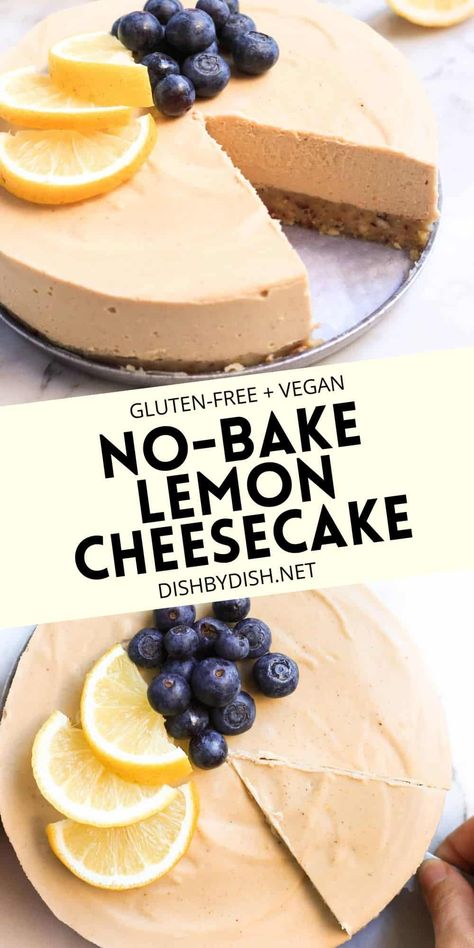 This easy no-bake vegan lemon cheesecake is the perfect dessert for warmer days of spring and summer - for celebrating Easter, Mother's day, or any special occasion you like. Made with a crunchy walnut and almond base and a deliciously creamy and refreshing lemon cashew cream filling, this cheesecake is totally gluten-free, dairy-free and vegan, but no one would care! | lemon cheesecake | easter desserts | mother's day recipes | gluten free vegan desserts | vegan recipes Lactose Free Cheesecake, Vegan Lemon Cheesecake, Cheesecake Easter, Lemon Yogurt Cake, Honey Dessert, Lemon Poppyseed Bread, No Bake Lemon Cheesecake, Vegan Gluten Free Desserts, Frozen Lemon