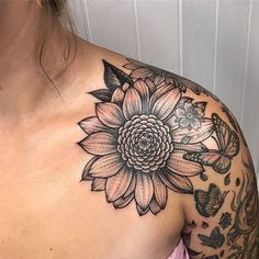 Sunflower Shoulder Tattoo, Sunflower Tattoo Thigh, Shoulder Cap Tattoo, Sunflower Tattoo Sleeve, Sunflower Tattoo Shoulder, Tattoos Butterfly, White Tattoos, Sunflower Tattoos, Shoulder Tattoos For Women