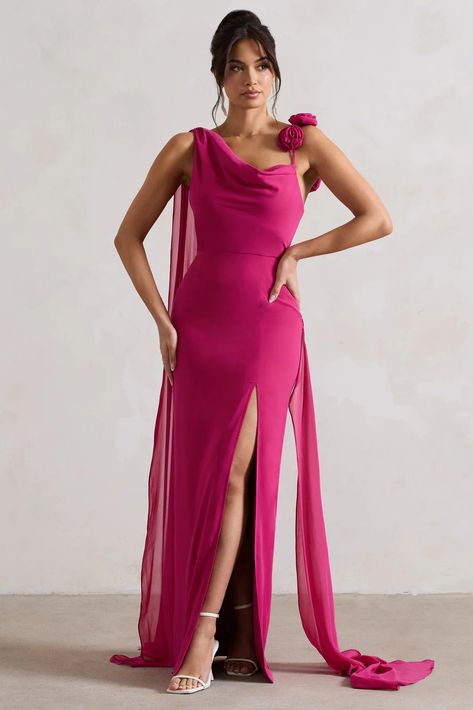 Bridesmaids Dresses Club L London – Club L London - USA Floral Corsage, Club L London, Leg Split, Black Dress Prom, Black Tie Gala, Pink Chiffon, Asymmetric Neckline, Pink Shade, Split Maxi Dress