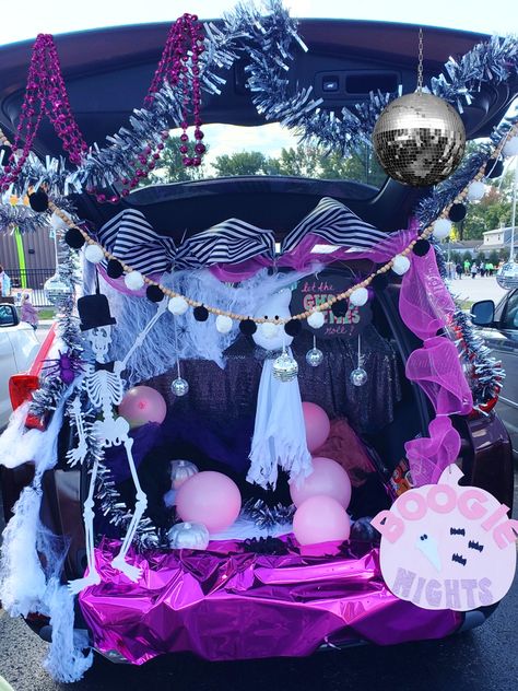 Disco Trunk Or Treat Ideas For Cars, Trunk Or Treat Girly, Disco Ball Trunk Or Treat, Trunk Or Treat Disco Theme, Pink Halloween Trunk Or Treat, Trunk Or Treat Hello Kitty, Monster High Trunk Or Treat, Ghost Theme Trunk Or Treat, Spooky Trunk Or Treat Ideas For Cars