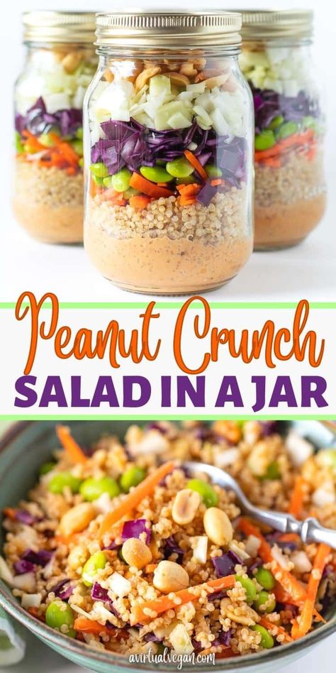 Make healthy, protein packed, super tasty Peanut Crunch Salad in a Jar complete with its own dressing, and you'll have grab-and-go lunches all ready in the fridge for the entire week! Peanut Crunch Salad, Mason Jar Meal Prep, Peanut Crunch, Mason Jar Lunch, Salad Jar Recipe, Crunch Salad, Mason Jar Salad Recipes, High Protein Vegan Recipes, Tasty Lunch