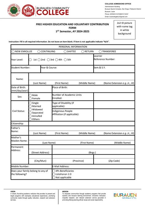 FREE HIGHER EDUCATION AND VOLUNTARY CONTRIBUTION FORM (1).pdf Enrollment Form, Admissions Office, Office Administration, Student Numbers, Leyte, Sports Complex, College Admission, Higher Education, Name Tags