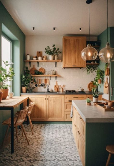 Model Dapur, Kabinet Dapur, Brown Cabinets, 아파트 인테리어, Green Kitchen, Kitchen Inspo, Kitchen Style, 인테리어 디자인, Home Decor Kitchen