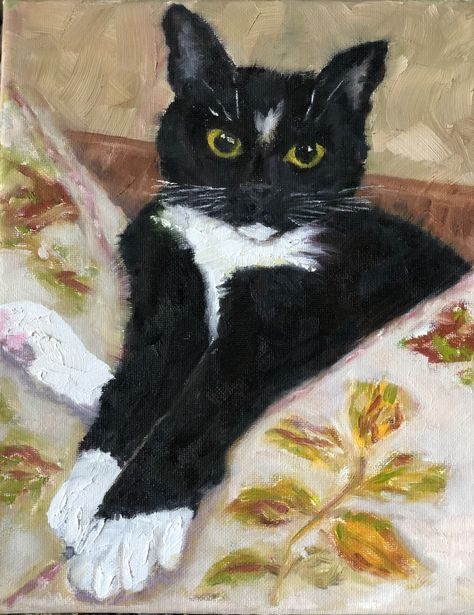 Cat Art Realistic, Aesthetic Cat Illustration, Two Cats Painting, Grey Cat Painting, Black And White Cat Painting, Tuxedo Cat Drawing, Acrylic Cat Painting, Painting Cute Animals, Black And White Cat Art