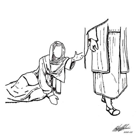 "A woman who had had a hemorrhage for twelve years, and could not be healed by anyone, came up behind him and touched the tzitzit on his robe; instantly her hemorrhaging stopped." Luke 8:43-44 The Hem Of His Garment Art, Woman Touching Jesus Hem Drawing, Hem Of His Garment Tattoo, Christian Sketches, Healing Drawing, Hem Of His Garment, Christian Drawings, Luke 8, Christian Graphics