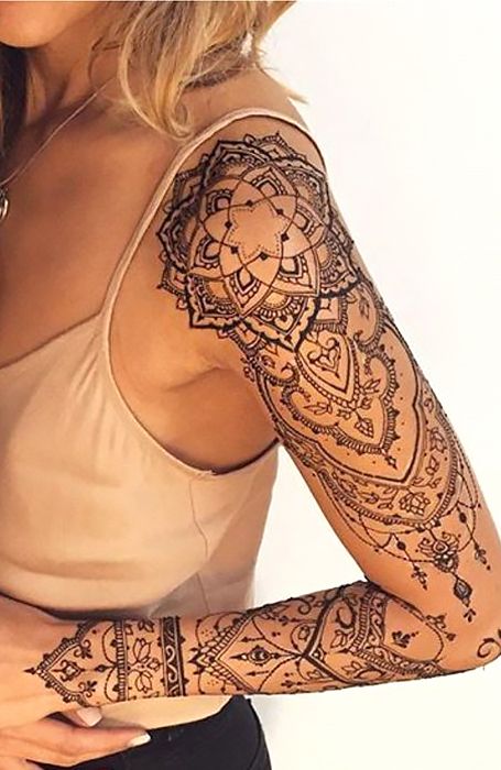 18 Beautiful Henna Tattoo Designs to Try - The Trend Spotter Henna Arm Tattoo, Lace Sleeve Tattoos, Henna Sleeve, Lace Tattoo Design, Tato Henna, Full Arm Tattoos, Beautiful Henna, Lace Tattoo, Full Sleeve Tattoos