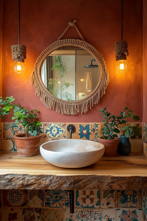 Discover the perfect blend of rustic and modern bathroom ideas. This design features a natural wood countertop, artisan tiles, and lush greenery. Ideal for creating a warm, inviting space. #BathroomDesign #InteriorInspo #HomeDecor Rustic Mexican Bathroom Ideas, Earthy Interior Design Bathroom, Twin Sinks Bathroom, Southwestern Style Bathroom, Mexican Tiles Bathroom, Tiled Sink Bathroom, Boho Ensuite, Mexican Style Bathrooms, Desert Aesthetic Bathroom