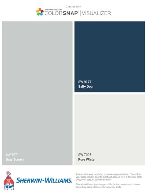 Gray screen with salty dog Light Gray Walls With Navy Accent Wall, Salty Dog Sherwin Williams Cabinets, Salty Dog Cabinets, Grey Screen, Gray Screen, Interior Paint Colors Schemes, House Paint Color Combination, Color Combinations Paint, Exterior House Paint Color Combinations