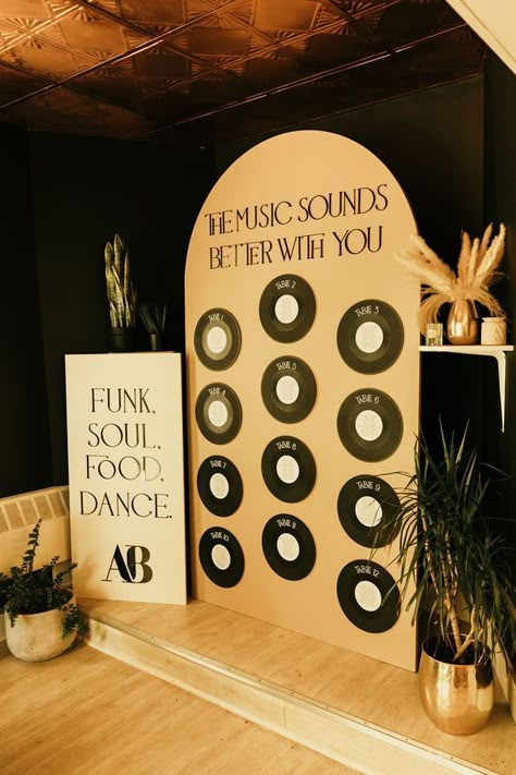 The record themed seating chart—a vinyl enthusiast's dream—guiding guests to their tables not just by seat number but by the tune of unique records. Quirky Seating Plan Ideas, Record Table Chart, Vinyl Record Table Decor, Vinyl Party Ideas, Records Wedding Decor, Music Themed Backdrop, Wedding Decor November, Record Table Plan, Seating Chart Records