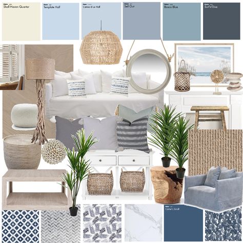 Monochrome Coastal Interior, Hamptons Decor Coastal Style, Beach Hamptons Interior Design, Costal Hampton Style, Grey And Blue Coastal Bedroom, Hamptons Design Interiors, Luxury Costal Interior, Hampton Style Interior Design, Coastal Mood Board Color Schemes