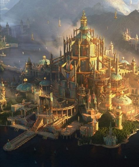 Kingdom City Fantasy Art, Fantasy Kingdom Landscape, Fantasy World Kingdom, Golden Kingdom Fantasy Art, Dragon Kingdom Fantasy Art, Fantasy World Art Scenery, Fantasy Kingdom Inspiration, Fantasy Kingdom Concept Art, Golden City Fantasy Art