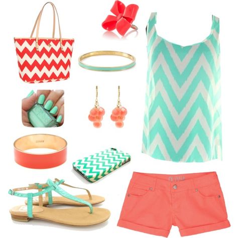 "Chevron" by zepc-squared on Polyvore Chevron Outfit, Coral Outfit, Longer Shorts, Jewelry Bar, Mint Coral, Gray Walls, Mint Color, Chevron Print, Chevron Pattern