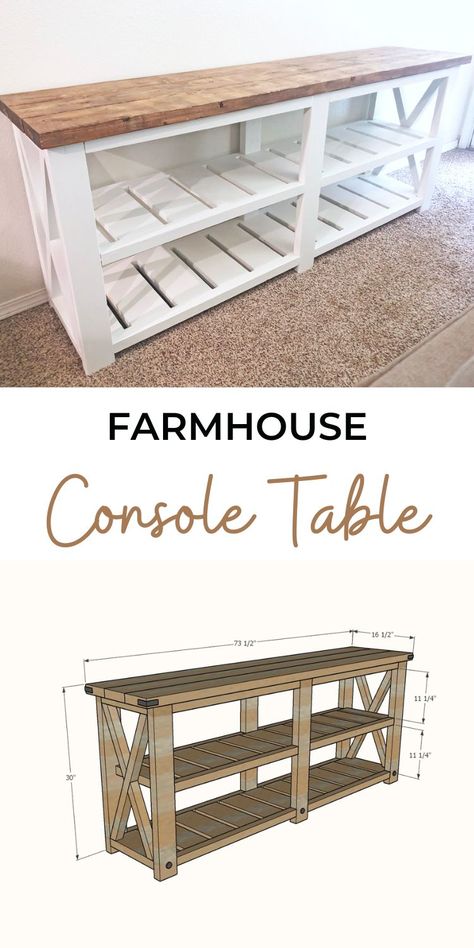 Diy Farmhouse Console Table Plans, Farm House Entry Way Table, Farmhouse Console Table Diy, Farmhouse Couch Table, Farmhouse Sofa Table Diy, Diy Farmhouse Sofa Table, Rustic Farmhouse Console Table, Diy Farmhouse Entryway Table, Farmhouse Diy Furniture