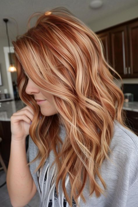 Goldwell Strawberry Blonde Formula, Auburn Hair Color With Highlights Copper, Blonde With Copper Highlights, Pumpkin Hair Color, Blonde And Copper Highlights, Red To Blonde Hair, Auburn With Blonde Highlights, Fall Hair Ideas For Blondes, Fall Strawberry Blonde Hair Color