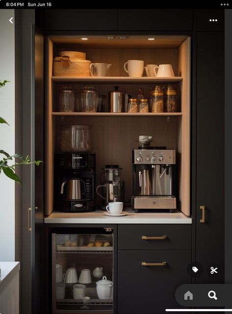 Coffee Station Built In Cabinet, Mudroom Coffee Bar, Coffee And Toaster Station, Coffee Zone Kitchens, Coffee Machine Station Kitchens, Coffee Cupboard Ideas, Home Beverage Station, Hotel Room Coffee Station, Coffe Bar In Kitchen