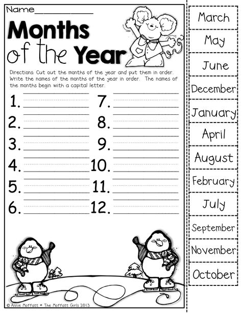 Months of the year (cut out the months, put them in order and write them on the lines) Bratz Coloring, Winter Math, Homeschool Kindergarten, 1st Grade Worksheets, School Worksheets, Months Of The Year, Preschool Learning, Kindergarten Math, Preschool Worksheets