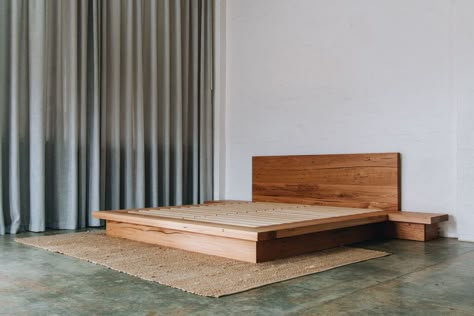 Ledge Bed — Al + Imo | Custom Timber Furniture & DIY Australia Japandi Bed Frame Diy, Wooden Platform Bed Design, Handmade Wooden Bed Frame, Low To Floor Bed Frame, Low Bedside Table Ideas, Low King Bed Frame, Low Floor Bed Design, Platform Bed Ideas Bedrooms, Low Rise Bed