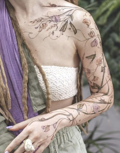 Floral Greenery Tattoo Sleeve, Realistic Wild Flower Tattoo, Full Sleeve Vine Tattoo, Wild Flower Tattoo Ideas, Earth Tone Tattoo, Delicate Sleeve Tattoo For Women, Vine And Flower Tattoo, Wild Flower Sleeve Tattoo, Greenery Tattoo Sleeve