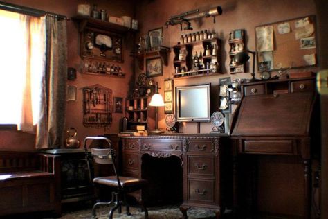 Steampunk Interior Design, Steampunk Office, Steampunk Rooms, Steampunk Bedroom, Steampunk Interior, Steampunk Home Decor, Vintage Bookshelf, Steampunk House, Dark Academia Decor