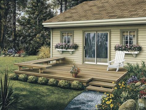 Dewey Low Patio Decks Low patio deck offers a stylish design with built-in L-shaped bench in one ... Small Backyard Decks, Patio Deck Designs, Pergola Design, Deck Designs Backyard, Backyard Pergola, Front Patio, Small Deck, Decks Backyard, Diy Deck