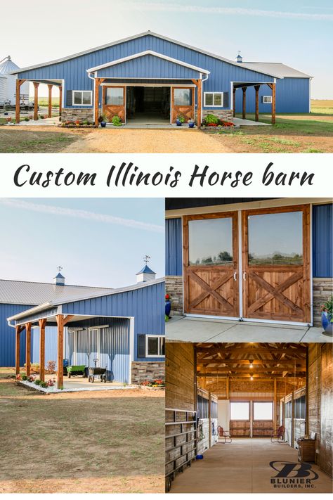 Custom post-frame horse barn built by Blunier Builders. #postframe #barninspo #horseinspo #illinois #illinoishorse #illinoisequestrian #barninspo #barndominium #shouse #postframbarn #blunierbuilders #polebuilding #polebarn #postframeshed #equestrian #horsebarninspo #hoursebarnofig Horse Barndominiums, Barndominium With Stalls, Barndominium Ideas With Horse Stalls, Barndominium With Horse Stalls, Horse Barn Exterior, Barn Exterior Ideas, 3 Stall Horse Barn, Equine Facility, Equine Vet