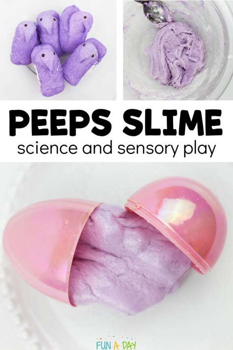 Let the kids make PEEPS SLIME this spring! What an awesome candy science activity. Children will learn SO much about early science concepts with this spring sensory experience. Preschool Easter Science Activities, Easter Science For Toddlers, Peep Experiment For Kids, Peep Stem Activities, Easter Science Activities For Kids, Peep Science Experiment Preschool, Peep Experiment For Kindergarten, Peep Slime Recipe, Easter Science For Preschool