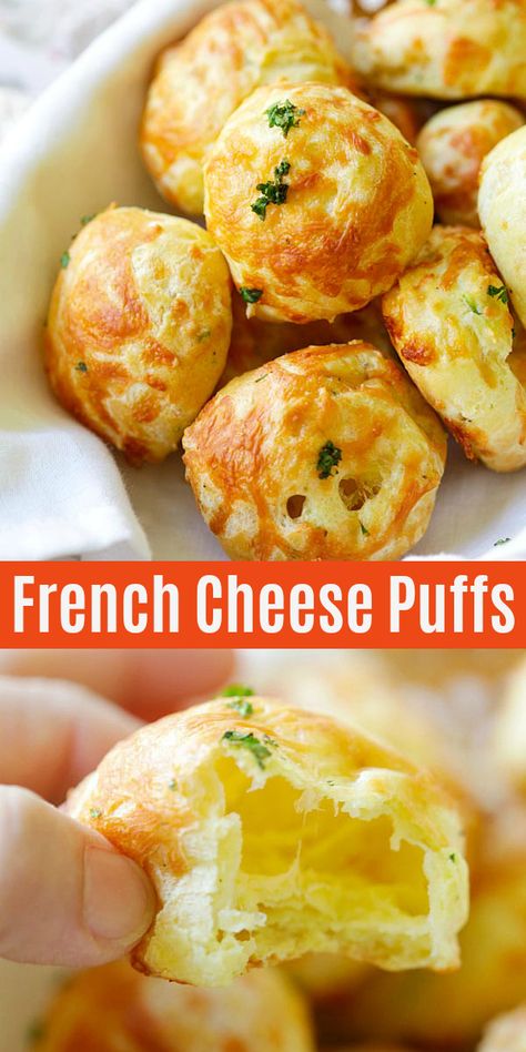 French cheese puffs gougeres are so airy and cheesy. Loaded with mozzarella cheese and parmesan cheese, these cheesy puffs are so easy to make at home | rasamalaysia.com #sidedish #diy #frenchpastry #baking #appetizer French Cheese Puffs, Gougeres Recipe, Cheese Puffs, French Cheese, French Cooking, Recipes Crockpot, Bread Recipes Homemade, Bread Rolls, Parmesan Cheese