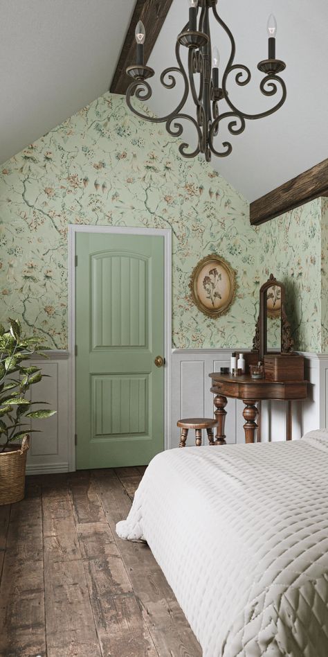 Green two-panel door with planks in a cottagecore bedroom with green print wallpaper and wood floors Anne Of Green Gables Interior, Anne Of Green Gables Bedroom Ideas, Cottage Core Green Bedroom, Anne Of Green Gables Aesthetic Bedroom, Anne Of Green Gables House Interior, Uk Cottage Interiors, Farmcore Bedroom, Anne Of Green Gables Bedroom, Cottage Core Home Decor Ideas