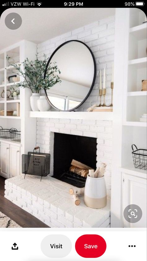 White Brick Fireplace Decor, White And Cream Living Room, You'd Be Home Now, Bungalow Office, Brick Fireplace Decor, Homeowner Hacks, Fireplace Bookshelf, Dollhouse Fireplace, Mantle Decorating Ideas