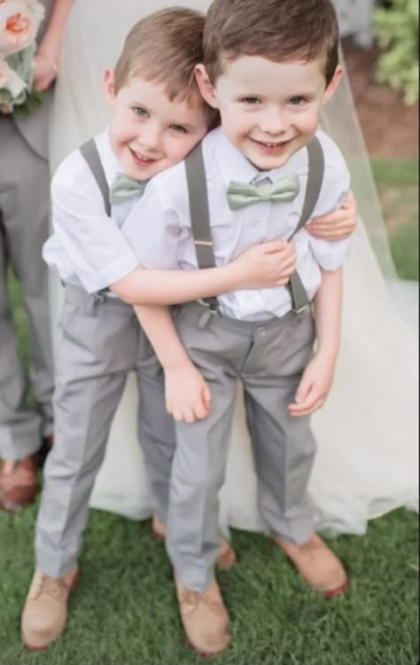 Ring Bear Outfit, Ring Bearer Outfit Grey, Ring Bearer Dress, Green Wedding Rings, Wedding Kids Outfit, Ring Bearer Suit, Kids Wedding Outfits, Sage Green Tie, Wedding Outfit For Boys